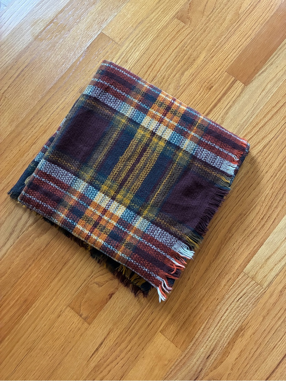Plaid Fringe Blanket Scarf in Burgundy, Mustard & Navy